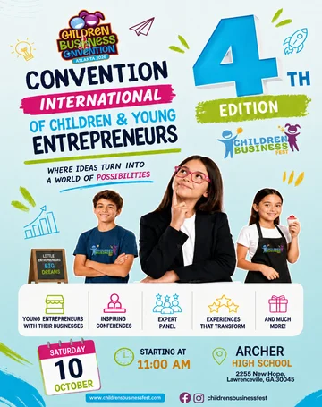 Children Business International Convention 4th Edition featuring young entrepreneurs, speakers, expert panels, and family activities in Lawrenceville, Georgia.